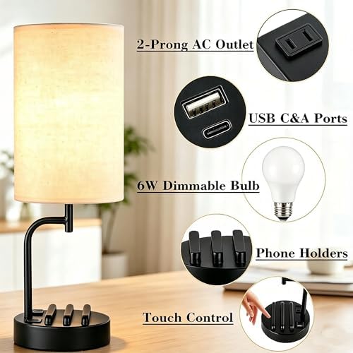 Dreamholder Touch Control USB Table Lamp with USB C/A & AC Outlet, 3-Way Dimmable Bedside Lamp, Modern Nightstand Lamps for Bedroom Living Room Guest Room Office, Bulb Included, Black
