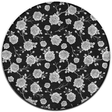 Men's Large Home Decor Mat, Soft Round Yoga Carpet, Non Slip Machine Washable Home Office Circle Rug Black Roses Pattern, 24inch