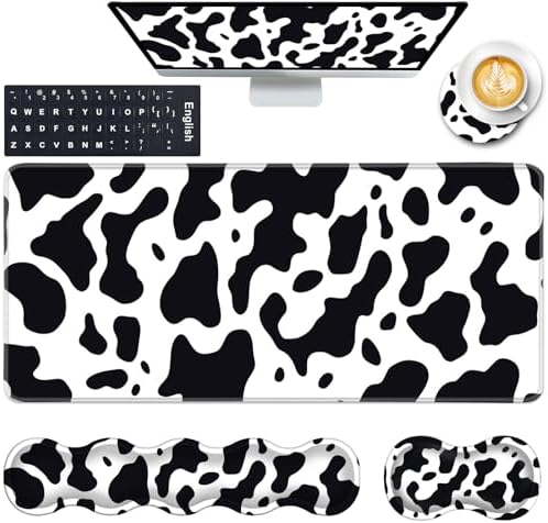 Keyboard Wrist Rest and Mouse Pad with Wrist Support Set Ergonomic Coaster,Memory Foam,Easy Typing Pain Relief,Large XL Desk Mat 31.5"x 11.8",Cute Cow Print