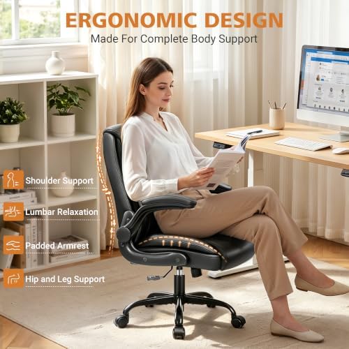 PU Leather Office Chair, Comfy Executive Chair with Flip-up Arms