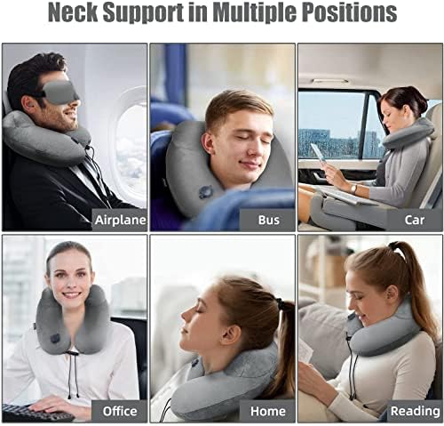 Inflatable Travel Neck Pillow for Airplanes, Super Soft Velvet Neck Support, Adjustable Firmness, Blow Up Plane Pillow for Long Flights, Road Trips, Travel Essentials with Eye Mask, Earplug