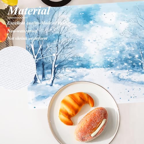 Shrahala Watercolor Winter Landscape Set of 6 12 X 18 Inch Linen Placemats, Blue Snow Fir Snowy Land Burlap Table Mat Washable Double Layered Heat Insulation for Indoor