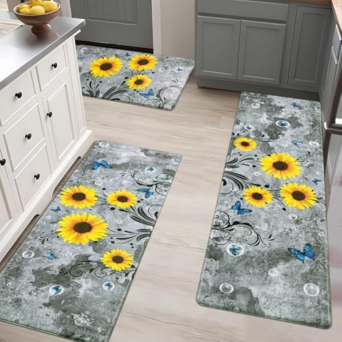 Likiyol Sunflower Kitchen Rugs Sets of 3 Kitchen Mats for Floor Anti Fatigue Mats for Kitchen Floor, Spring Floral Flower Non Slip Washable Standing Floor Mats, 18''x30''+18''x48''+18''x60''(Gray)