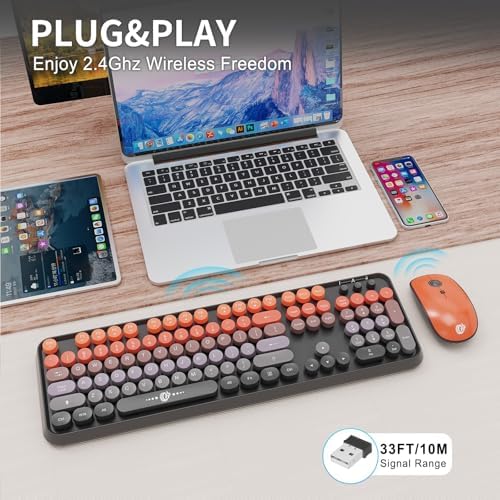 FOPETT Wireless Keyboard and Mouse Combo, 104 Keys Full-Sized 2.4 GHz Round Keycap Colorful Keyboards, USB Receiver Plug and Play, for Windows, Mac, PC, Laptop, Desktop (GradientOrange)