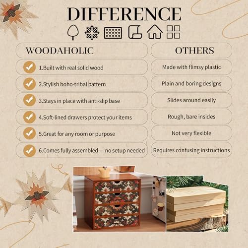 Boho Green Wooden Desk Organizer with Drawers – 4-Drawer Desktop Storage Box – Rustic Tribal Wood Desk Organizer for Office, Vanity, or Craft Supplies – Compact & Stylish Wooden Storage Drawers