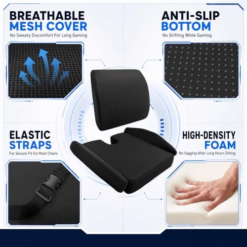 Widened Gaming Chair Cushion Set with Lumbar Support, Tailbone Pain Reduce
