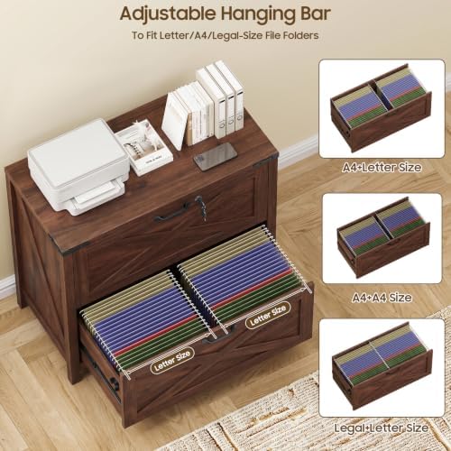 Halitaa Farmhouse Lateral File Cabinet with 2 Drawers, Walnut