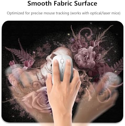 Vintage Pink Rose & Gothic Skull Mouse Pad, Floral Halloween Art Desk Mat