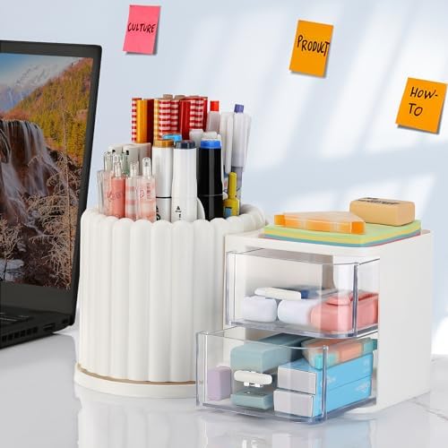 LETURE Rotating Office Desk Organizers and Accessories with 2 Drawer, Pencil Pen Marker Holder for Desk, Desktop Storage Organizers and Accessories for Office Home Art Supplies (White)