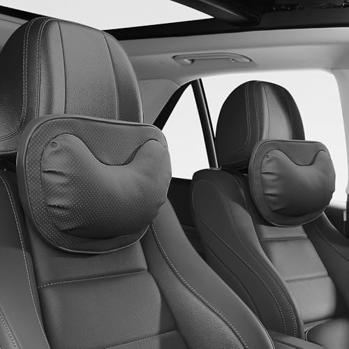 Car Neck Pillow [No More Pressure] Soft Comfortable Premium Leather Headrest with Adjustable Strap – Ergonomic Support for Driving, Office & Gaming, Black, 2 Pack