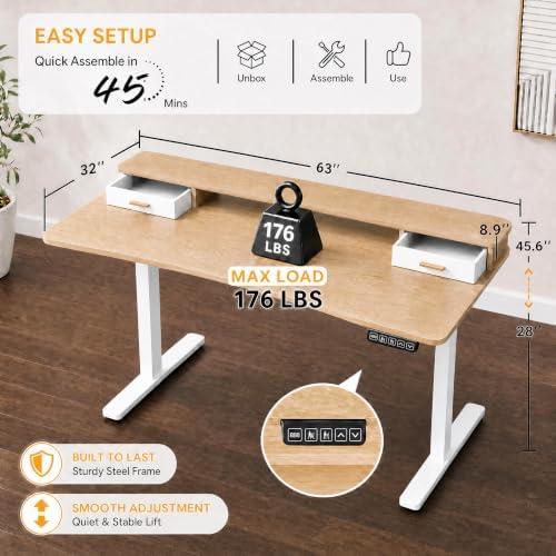Grandder Electric Standing Desk with Two Drawers, CurvedSit to Stand Up Height Adjustable Desk with Storage Shelf for Home Office, 63 * 32 Inch, Study, Ergonomic Adjustable Computer Desk, Oak