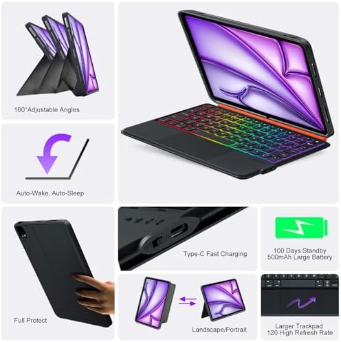 iPad Keyboard Case for Air 13 inch (M4/M3/M2, 2026/2025/2024), Pro 12.9 inch 6/5/4/3rd Gen, Magnetic Detachable Bluetooth Keyboard with Trackpad, Springy Backlit Keys,Slim iPad Case with Stand (Black)