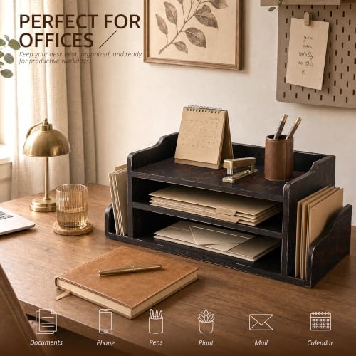 Wood Desk Organizer: File Organizer with 3-Tier Shelf, Distressed Black