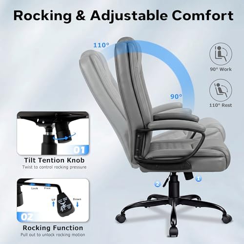 Executive Office Chair, Ergonomic High Back Desk Chair with Lumbar Support, Adjustable Big and Tall Computer Chair, 360° Swivel, PU Leather, Grey