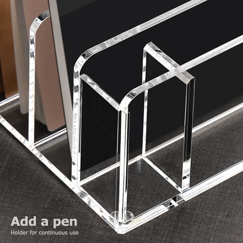 Acrylic Mail Sorter Desk Organizer with Pen Holder, 5 Compartments Clear