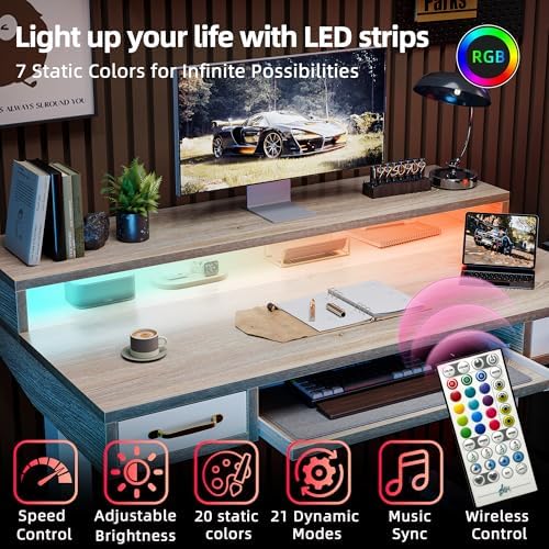TIQLAB Standing Desk with Two Drawers, Stand Up Standing Desk Adjustable Height, Electric Sit Stand Table with Storage Shelf and Splice Board, with LED Light, 55 * 28 inch, Maple