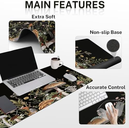 Britimes Keyboard Mouse Pad Set, 4 in 1 Desk Mat Set, Black Mushroom Flora
