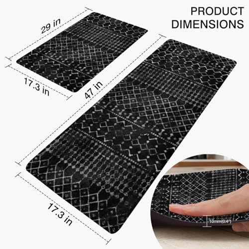 Boho Kitchen Mats for Floor 2PCs, 17.3"x47"+17.3"x29", Black