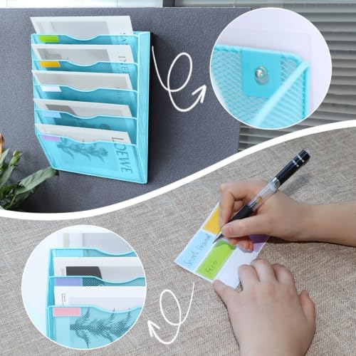 5 Pockets Mesh Wall File Holder Organizer Office Hanging File Folder Magazine Rack, Nametag Label Hooks Set Included (Blue)