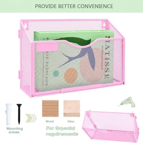 1 Pocket Mesh Wall File Holder Organizer Office Hanging File Folder Magazine Rack, Nametag Label Hooks Set Included (Pink)