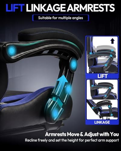 Dowinx Ergonomic Gaming Chair with Footrest & Massage Lumbar, 2D-Linkage Armrests for Computer Chair 330lbs with Headrest Pillow for Office, Home, Streaming and Long Gaming Sessions, Fabric Dark Blue