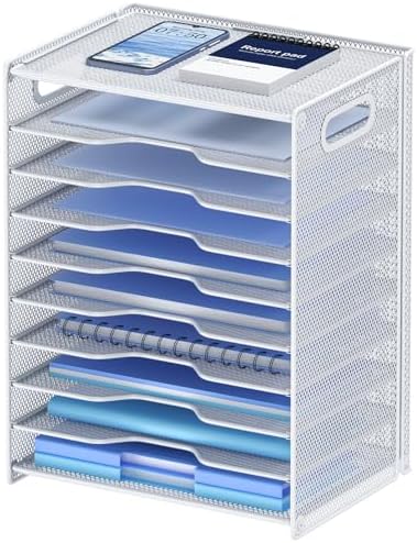 OUTWOLF 10 Tier Paper Organizer - Letter Tray Mesh Desk File Organizer with Handles for Office School Desktop, White