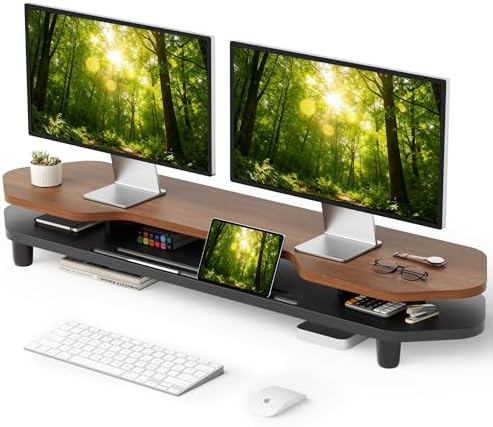 Dual Monitor Stand Riser, 39.4 Inch Large Monitor Stand with Storage Shelf, 2-Tier Desk Organizer for PC, Laptop, Printer | 2 Slots for Phone/Tablet, Computer Monitor Riser, Wood Desk Shelf for TV