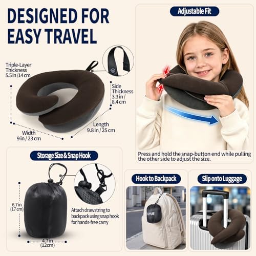 BUYUE Kids Travel Pillows for Airplane, Memory Foam 360° Head Support Sleeping Essentials for Boys Long Flight, Skin-Friendly Soft Neck Pillow for Traveling in Car Seat, (Small, Brown Grey, 40-90 lbs)