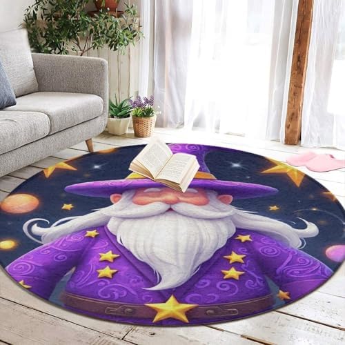 Large Machine Washable Circular Rugs, Home Decor Round Mat for Living Room Sofa Office Cartoon Sleepy Gnome Purple