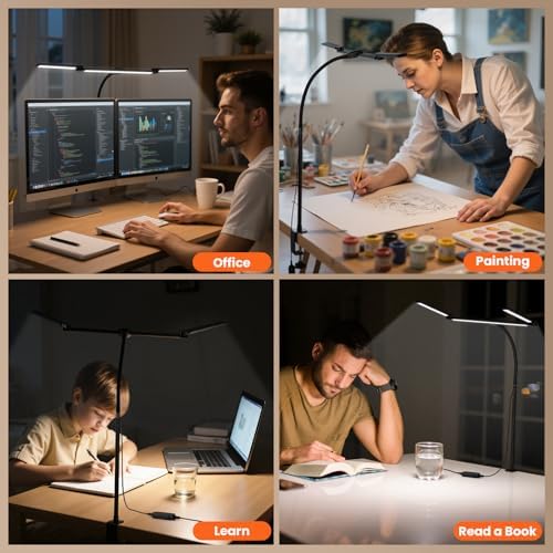 LED Desk Lamp for Office Home, 3 Head Adjustable Desk Light with Adapter