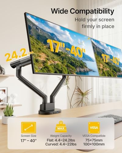 monTEK USB Dual Monitor Arm for 17-40" Screens, 24.3 lbs Each, Black