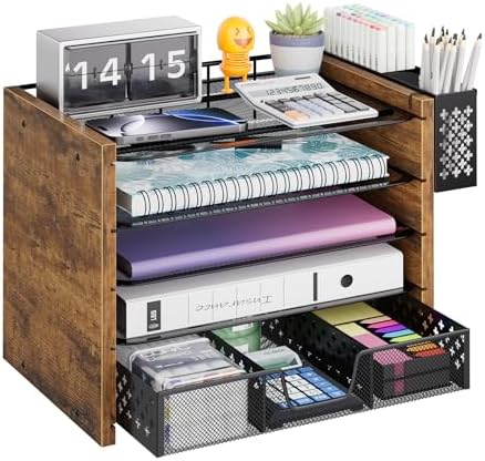 Simple Trending Wood Desk Organizer, 5-Tier File Organizer, Rustic Brown