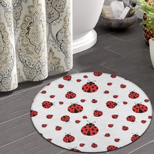 Room Sofa Yoga Soft Round Carpet, Home Decor Non Slip Kitchen Office Circle Rug, Machine Washable Modern Round Area Rug Ladybug Red Black Dots White