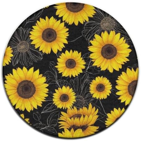 Soft Round Yoga Carpet, Large Home Decor Mat, Non Slip Machine Washable Kitchen Office Circle Rug Floral Sunflower Black