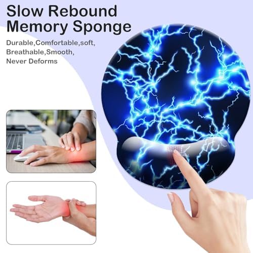 Gaming Mouse Pad Wrist Support,Ergonomic Mouse Pad with Wrist Rest,Comfortable Mousepad with Smooth Wrist Rest,Pain Relief Mouse Pads for Non-Slip Base,Computer,Laptop,Office，Home（Blue Lightning）
