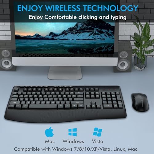 Wireless Keyboard and Mouse Combo, Full Size Ergonomic with Wrist Rest