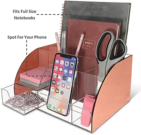 My Space Organizers Rose Gold Desk Organizer, Acrylic, 9 Compartments, Office Supplies Desk Accessories Organizer with Drawer, Pen Holder, Office Decor Desktop Organization (Rose Gold)