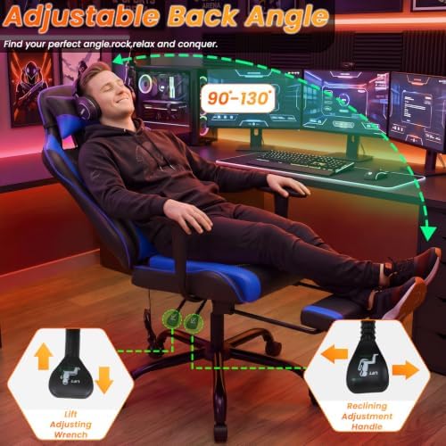 BestOffice Massage Gaming Chair with Footrest, Office Desk Chair, Blue