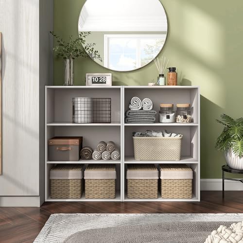 Homes: Inside + Out Apexa 3-Tier Cube Storage Organizer Shelves, Stackable Wood Bookcase Fits Cubby Bins for Organization, Dorm Teen Room Decor & Home Office, Taupe Grey