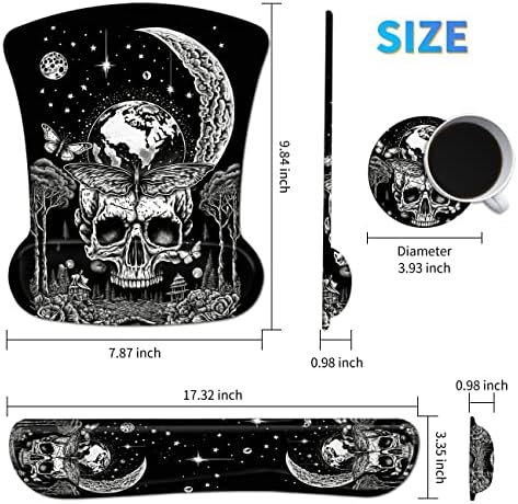 Ergonomic Memory Foam Keyboard Wrist Rest Pad Set, Skull Moon Butterfly