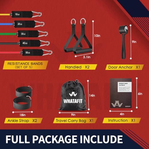 WHATAFIT Resistance Bands with Handles, 150 lb Exercise Bands Set