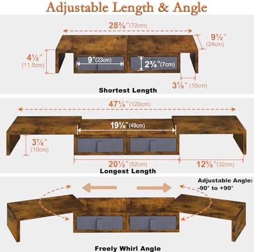TEAMIX Dual Monitor Stand Riser - Length and Angle Adjustable White Monitor Stand with 2 Drawers to Storage Large Computer Riser for 2 Monitors/Laptop/PC, Wood Screen/TV Stand Desk Organizer (Brown)