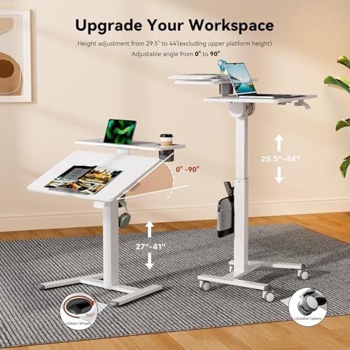 28" Mobile Standing Desk, Tiltable Top with 2-Tier Shelves, White