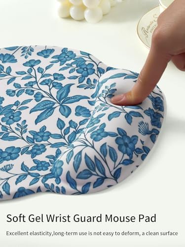 Seorsok Floral and Leaves Mouse Pad with Gel Wrist Support Mouse Pad,Ergonomic Aesthetic,Comfortable Mousepad for Office Game Work Computer,Pain Relief Mousepad with Non-Slip Silicone Base,Blue