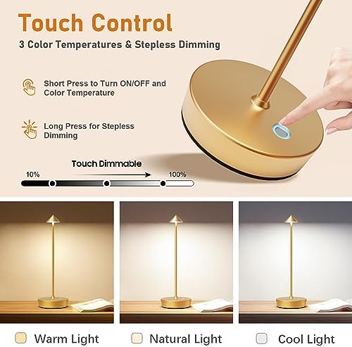 Set of 2 Cordless Rechargeable Led Table Lamp Battery Operated Light Gold