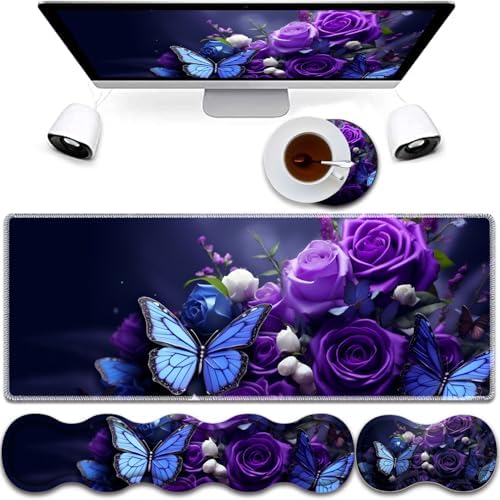 Mouse Pad Combo, Large Gaming Mouse Pad + Keyboard Wrist Support + Mouse Wrist Rest + Coaster, Table Pad 31.5 "x 11.8" with Memory Foam Ergonomic Wrist Pad Set, Purple Roses and Butterflies