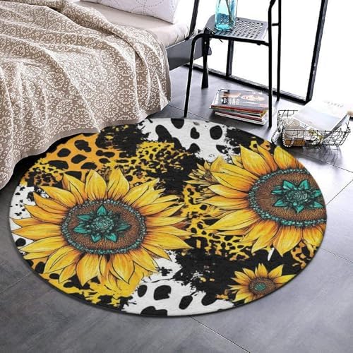 Machine Washable Modern Round Area Rug, Room Sofa Yoga Soft Round Carpet, Home Decor Non Slip Kitchen Office Circle Rug Retro Sunflowers Animal Leopard Print Art, 36inch