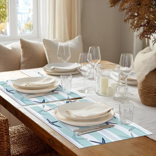 Shrahala Coastal Navy Blue Set of 8 12 X 18 Inch Linen Placemats, Coastal Starfish Repeat Pattern Navy Blue Turquoise Burlap Table Mat Washable Double Layered Heat Insulation for Indoor/Outdoor