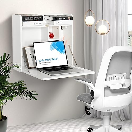 YUSING Wall Mounted Table, Multifunctional Fold Down Wall Mounted Laptop Computer Desk with Storage Compartments for Home, Office, White