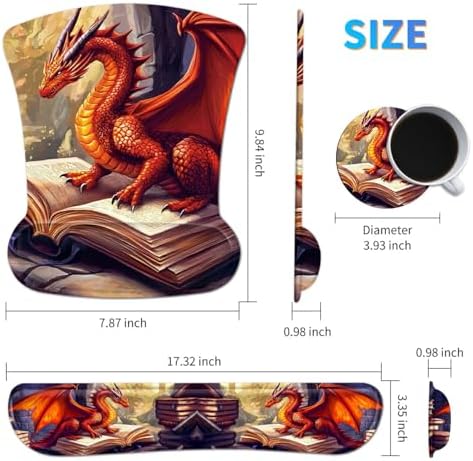 Ergonomic Mouse Pad with Wrist Support Gel Mouse Pads and Upgrade Keyboard Wrist Rest Pad Set, Coasters Non-Slip PU Base Mouse Mat for Office Gaming Computer Laptop Home, Red Dragon Books